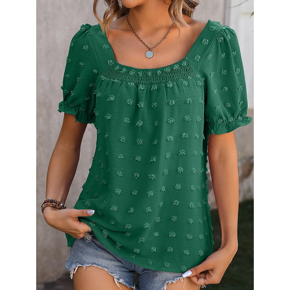 Damen Hemd Elegante Oberteile Glatt Stilvoll Kurzarm Laternenärmel Quadratischer Ausschnitt Normale Oberteile Urlaub Täglich Rüsche Schwarz Weiß Rosa Grün Sommer Lightinthebox