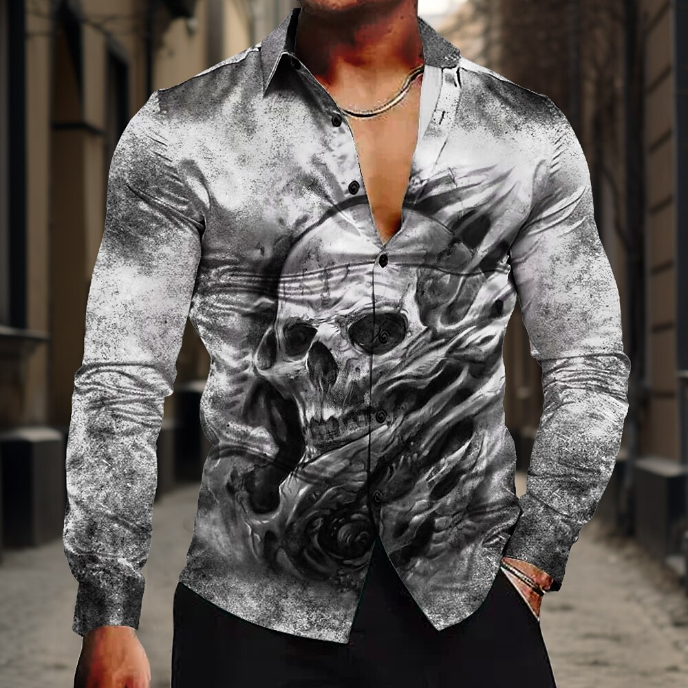 Herren Totenkopf Motiv Hemd Langarm Brautkleider schlicht Dunkel Formal Sommer Frühling Herbst Umlegekragen Knopf Bedruckt Grau Lightinthebox