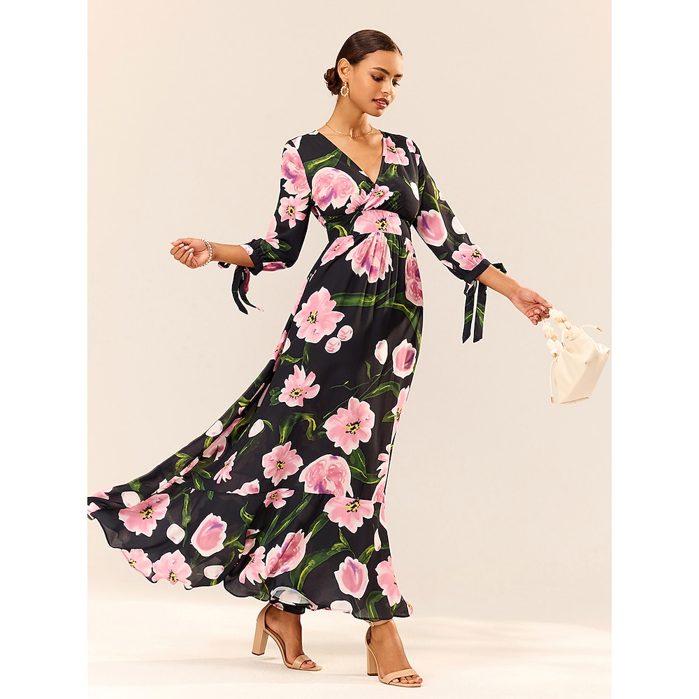 Damen Polyester Blumen Rüsche Schleife V Ausschnitt Puffärmel Maxidress Elegant Stilvoll Urlaub 3/4 Ärmel Sommer Lightinthebox