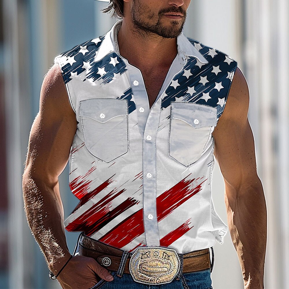 Herren Amerikaner / USA Nationalflagge Hemd Westernhemd Cowboy-Shirt Ärmellos westlicher Stil Outdoor Arbeit Normal Sommer Frühling Hemdkragen Weiß Lightinthebox
