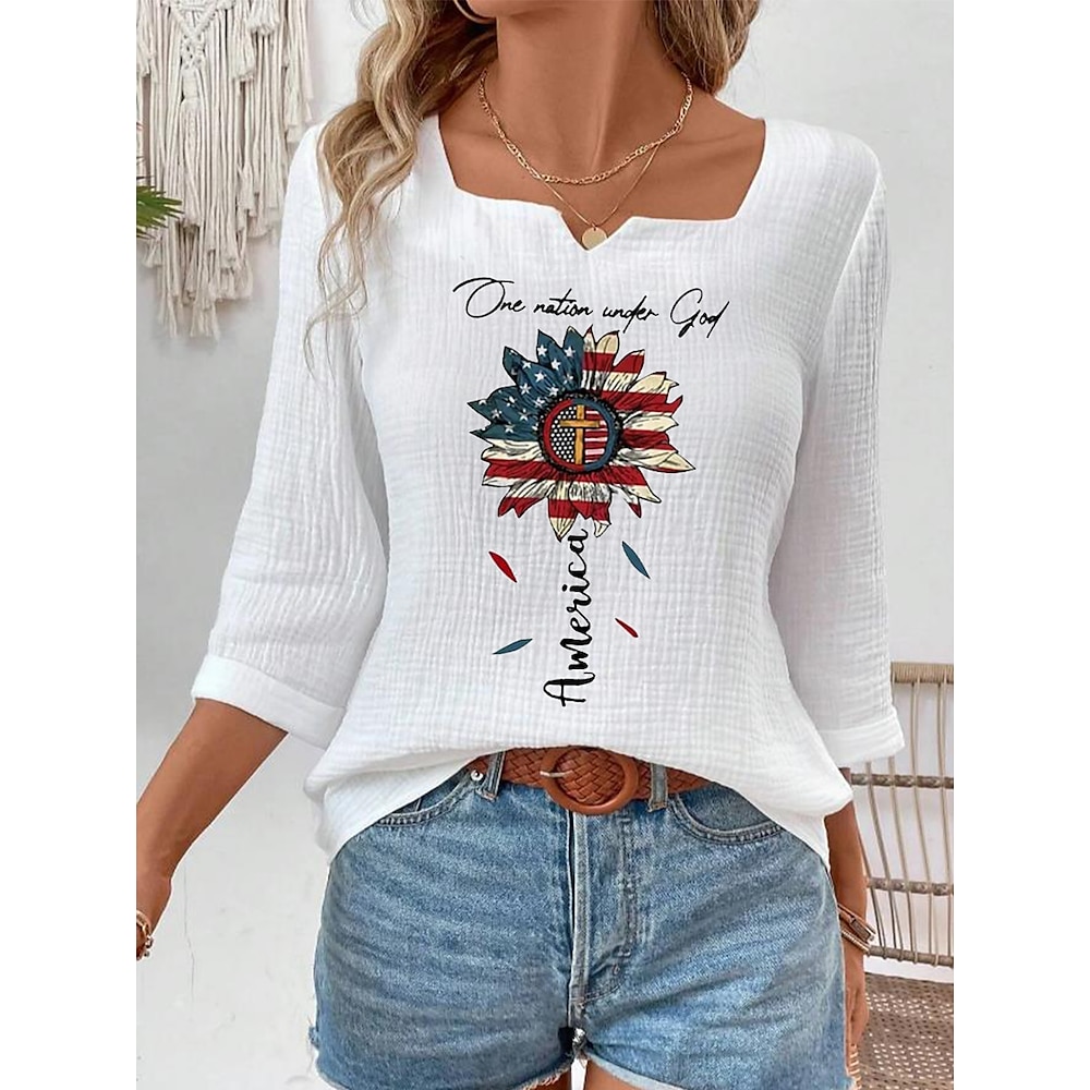 Damen Bluse Elegant Bühnenlicht vielfarbig Buchstabe Normale Oberteile Langarm Gekerbter Hals Bedruckt Regular Fit Täglich Ausgehen Weiß Sommer Frühling Lightinthebox