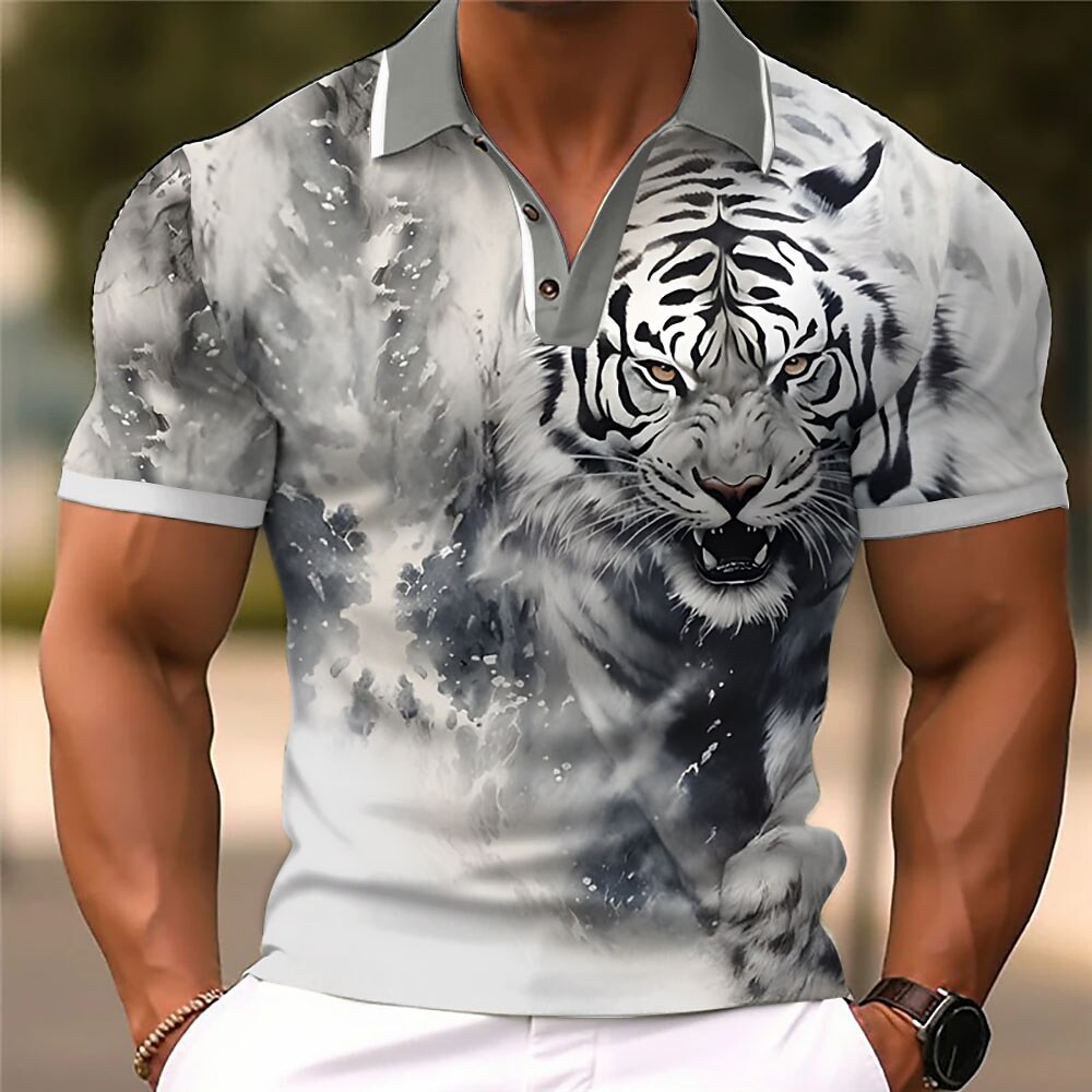 Herren Tiger Poloshirts Golfhemd Kurzarm Polo-Shirts Hemden mit Kragen Lustig Strassenmode Urlaubskleidung Party-Outfits Knopf 3D-Druck Grau Lightinthebox