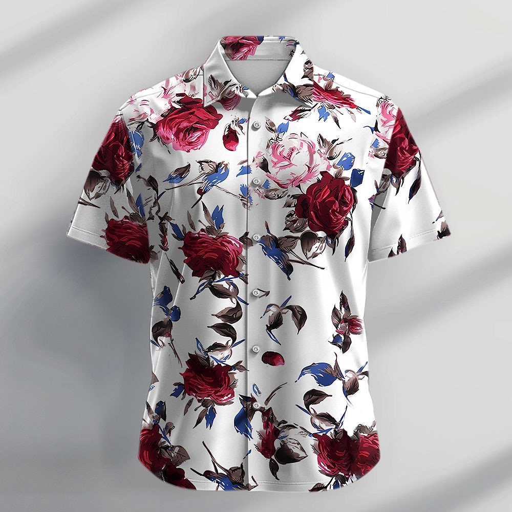 Herren Rose Blumen Tropische Blumen Hemd Hawaiihemd Sommerhemd Knopfhemd Kurzarm Hemd Umlegekragen Hemden mit Kragen Brautkleider schlicht Strand Design Urlaub Normal Abendgesellschaft Weiß Rote Blau Lightinthebox