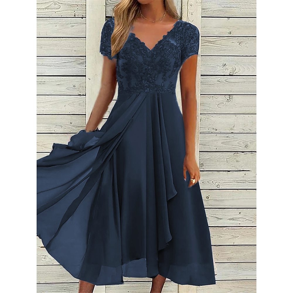 Damen Midikleid mit V-Ausschnitt, Spitzendetail, kurze Ärmel, Chiffon, fließend, blau, elegant, für Abendpartys, Hochzeitsgäste, Frühling, Sommer, Herbst, vielseitige Größen Lightinthebox