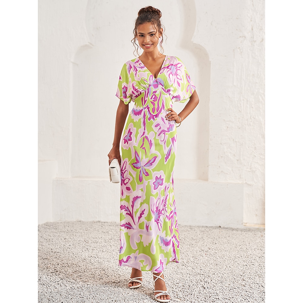 Damen A Linie Kleid Stilvoll Blumen Maxidress Kurzarm V Ausschnitt Bedruckt Lockere Passform Urlaub Grün Sommer Lightinthebox