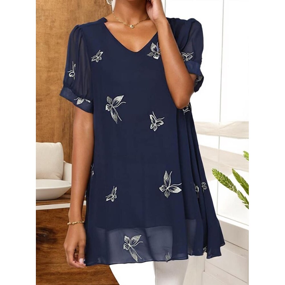 Damen Bluse Schmetterling Rüschen Rüsche Täglich Brautkleider schlicht Puffärmel Kurzarm V Ausschnitt Marineblau Sommer Lightinthebox