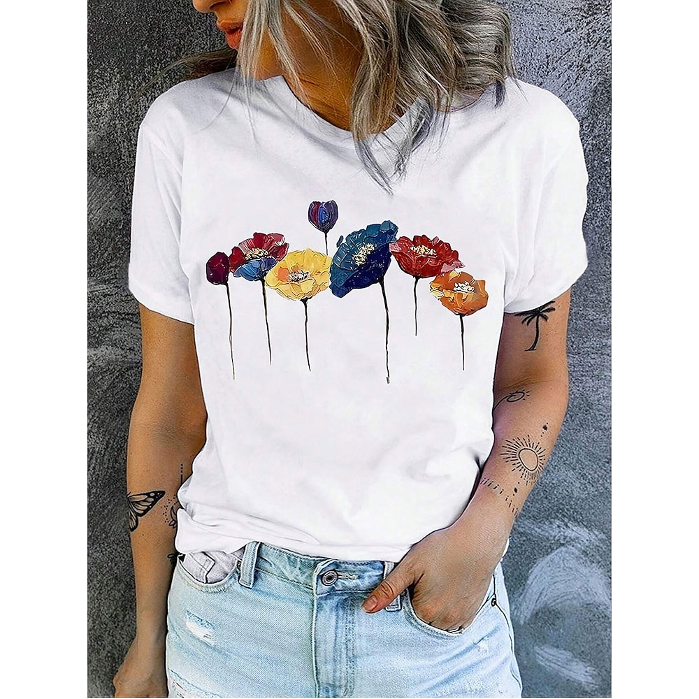 Damen T Shirt Brautkleider schlicht Blumen Mohn Normale Oberteile Kurzarm Rundhalsausschnitt Bedruckt Lockere Passform Täglich Weiß Sommer Lightinthebox