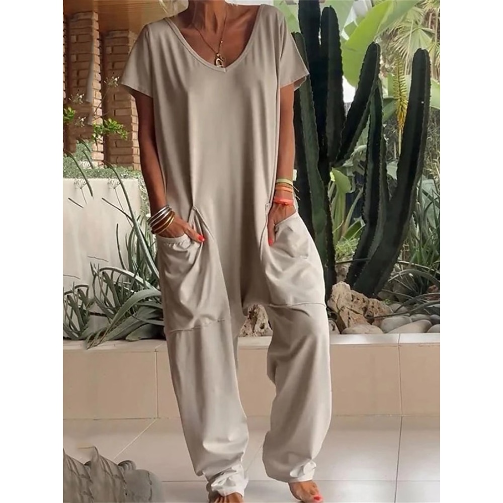 Damen Normal Jumpsuit Strassenmode Feste Farbe Kurzarm V Ausschnitt Tasche Strasse Täglich Regular Fit Weiß Gelb Fuchsie Sommer Lightinthebox