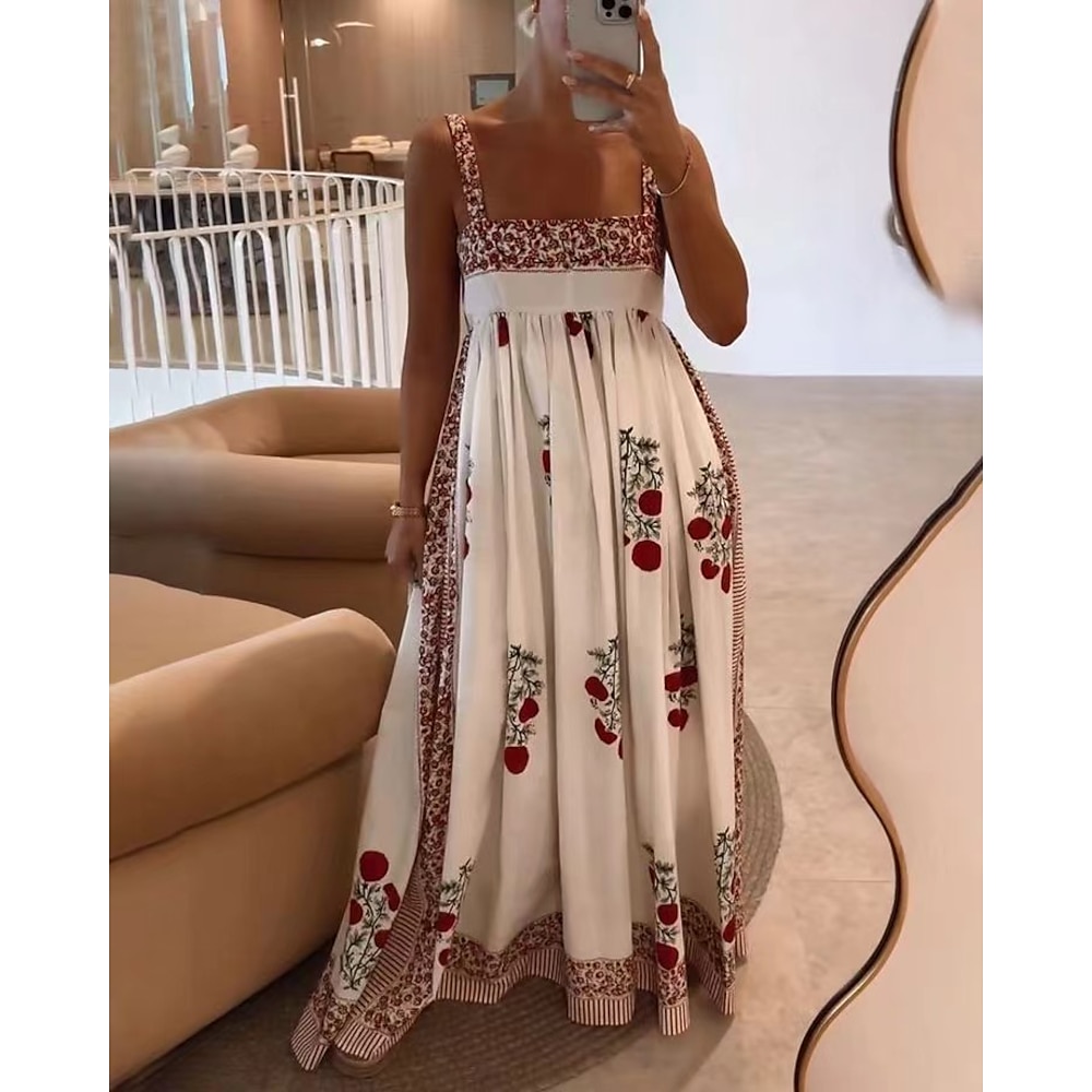 Damen Polyester Casual kleid Blumen Blatt Bedruckt Quadratischer Ausschnitt kleid lang Brautkleider schlicht Verabredung Urlaub Sommer Frühling Lightinthebox