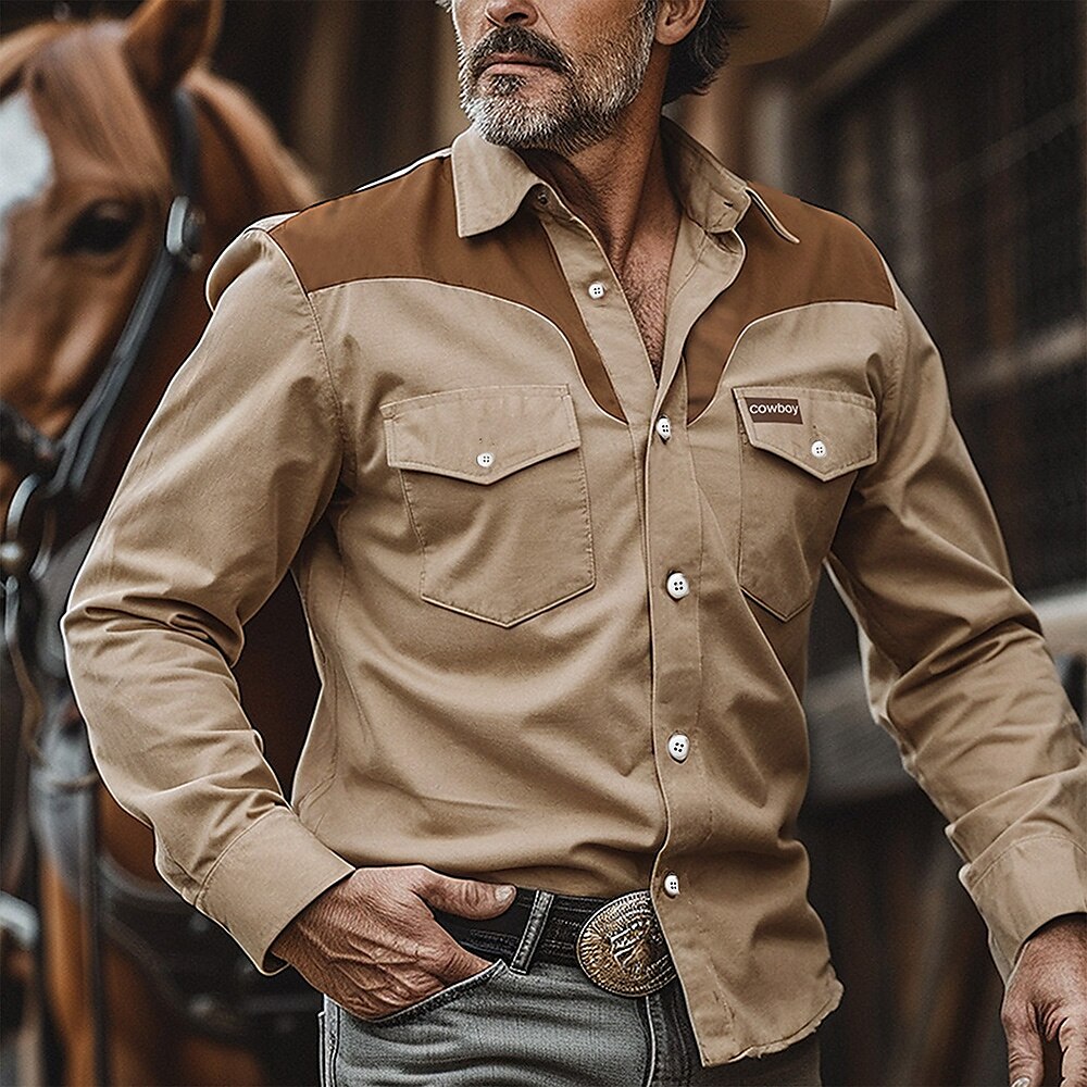 Herren Cowboy Hemd Westernhemd Cowboy-Shirt Langarm Vintage westlicher Stil Outdoor Arbeit Casual Herbst Winter Umlegekragen Knopf Bedruckt Khaki Lightinthebox