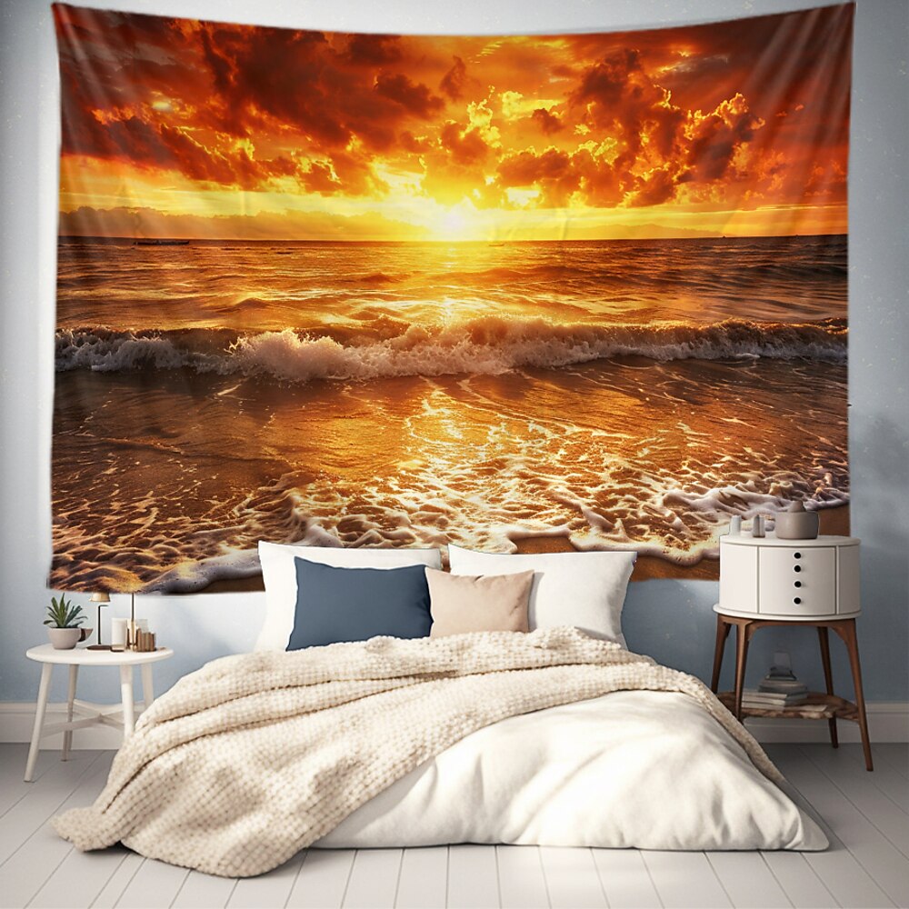 Wandteppich Kunst Dekor Decke Vorhang Picknick Tischdecke hängen zu Hause Schlafzimmer Wohnzimmer Wohnheim Dekoration Landschaft Strand Meer Ozean Welle Sonnenaufgang Sonnenuntergang rosige Wolke Lightinthebox