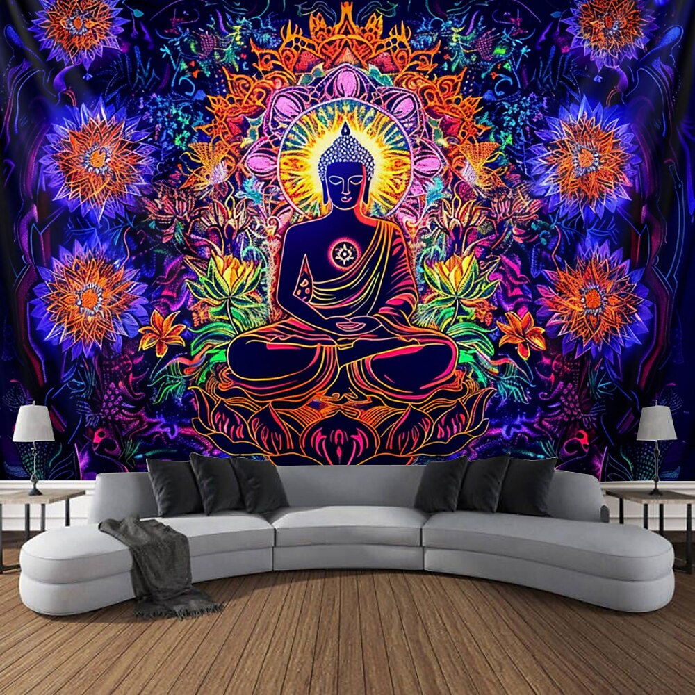 Boho Buddha Schwarzlicht Wandteppich UV reaktiv im Dunkeln leuchtend Glow Party Lotus Trippy Misty Natur Landschaft Hängender Wandteppich Wandbild für Wohnzimmer Schlafzimmer Lightinthebox