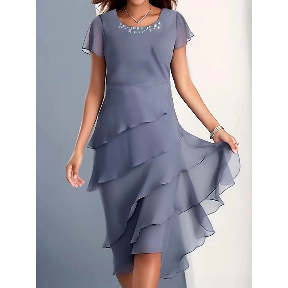 Damen Chiffon-Kleid Midikleid Chiffon Rüsche Layer-Look kleid hochzeitsgast Cocktailparty Elegant Ausgefallene Rundhalsausschnitt Kurzarm Wein Blau Kamel Farbe Lightinthebox
