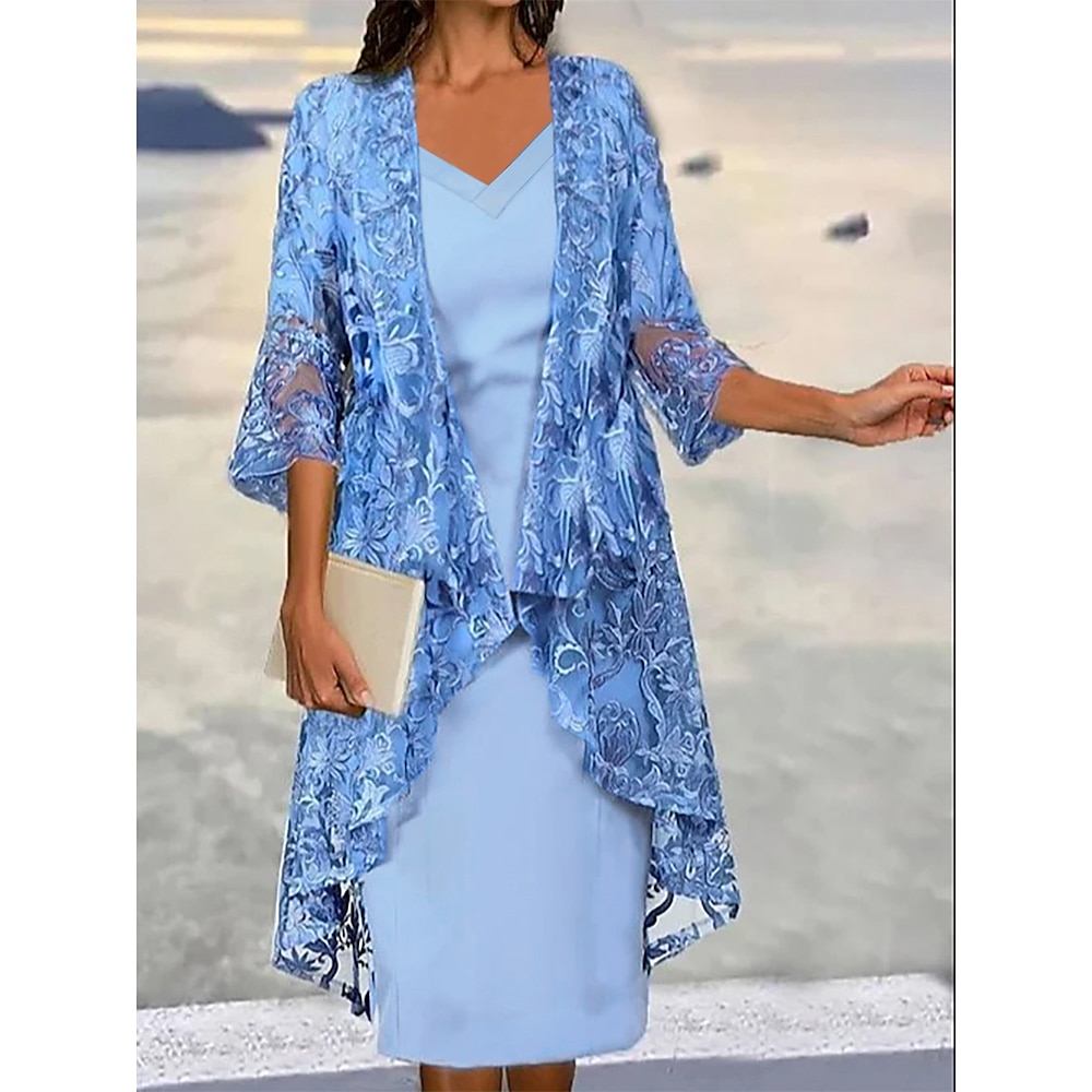 Damen Kleid-Set Spitzenkleid Casual kleid Elegant Modisch Glatt Spitzenbesatz Midikleid 3/4 Ärmel V Ausschnitt Outdoor Verabredung Blau Herbst Winter Lockere Passform Lightinthebox