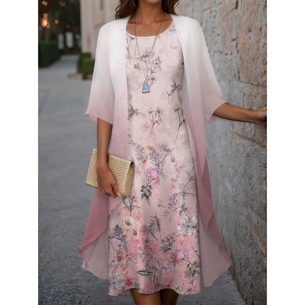 Damen Midi Kleid Hochzeitsgast Cocktail Kleid Chiffon Urlaub Mode Modern Print Casual Elegant Zweiteiliges Kleid Set Crewneck Halblangarm Floral Lockere Passform Rosa Frühling Lightinthebox