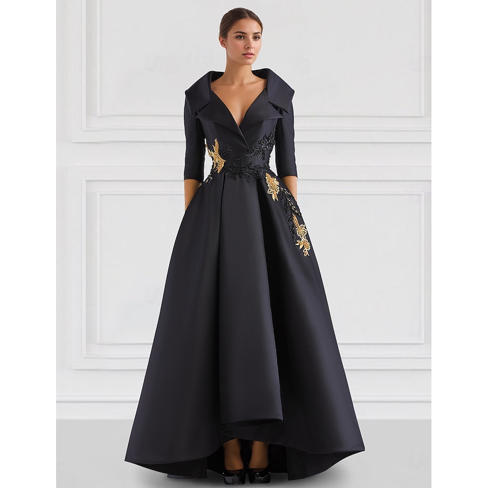 Schwarzes A-Linie Abendkleid Vintage Besticktes Elegantes Kleid Smoking Kleid Formelles Bodenlänge Langarm V-Ausschnitt Tasche Satin mit Perlenschnüren Applikationen 2025 Lightinthebox