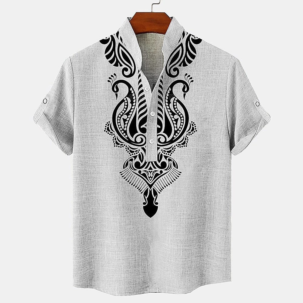 Herren leinenhemd Henley Shirt Retro-Shirts Vintage-Shirt Ethnisches Hemd Ethnisch Täglich Festtage Blau Beige Grau Kurzarm Mandarinkragen Sommer Frühling Bekleidung Bedruckt Lightinthebox
