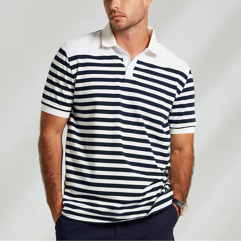 Herren Polo Polo Pullover Geschäft Casual Kargen Kurzarm Modisch Modern Gestreift Taste Sommer Marineblau Polo Lightinthebox