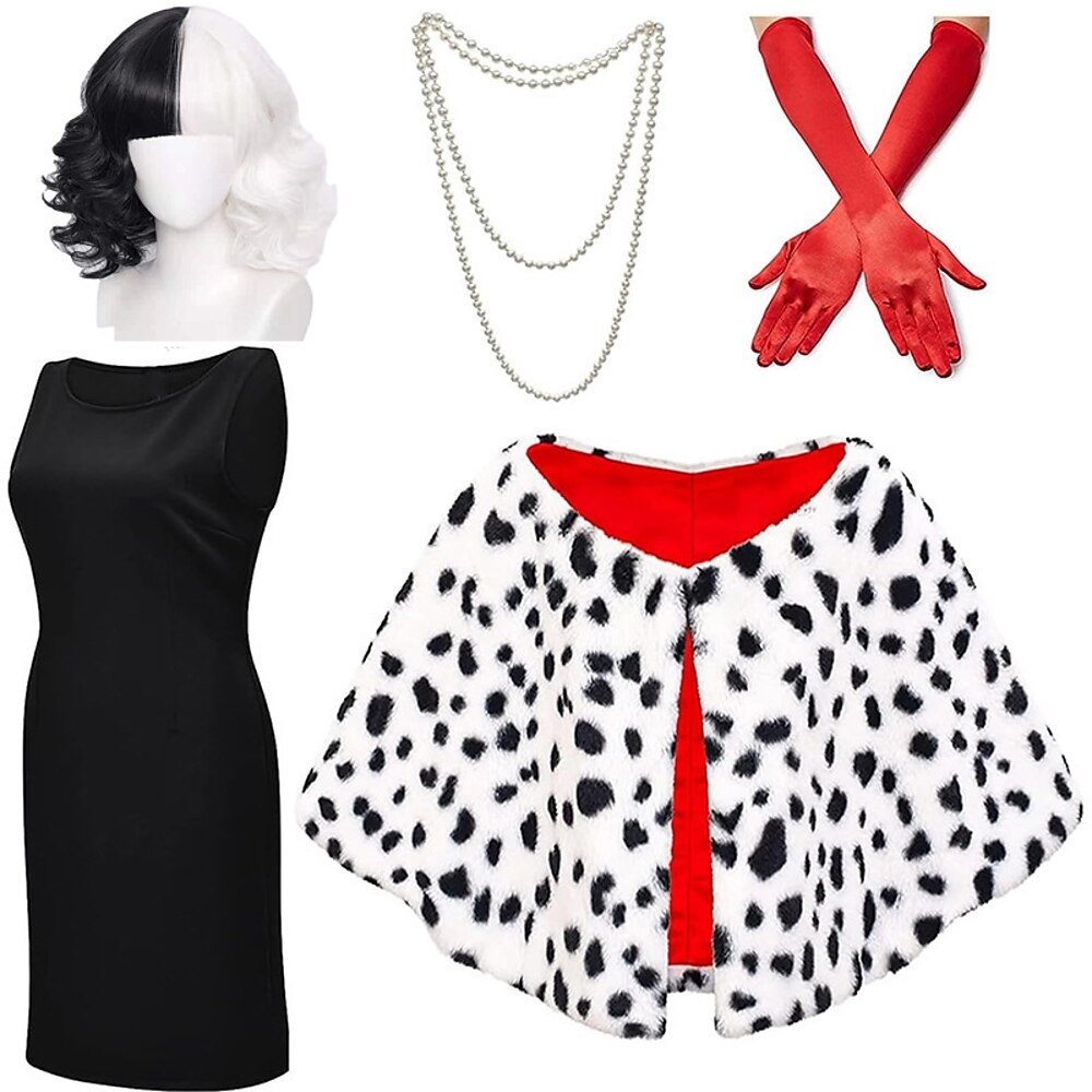 Retro Vintage Cosplay Kostüm Austattungen Cosplay Perücken Cocktailkleid Kunstpelz-Schal Knie-Länge Cruella De Vil Gepunktet Halloween Party / Cocktail Schicke Party Lightinthebox