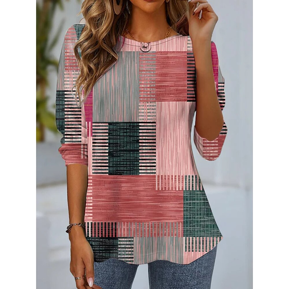 Damen Spitzenreiter ausgehen Geometrisch Plaid Patchwork Bedruckt Party Täglich Urlaub Vintage Stilvoll Brautkleider schlicht Langarm Rundhalsausschnitt Gras-Grün Ganzjährig Lightinthebox