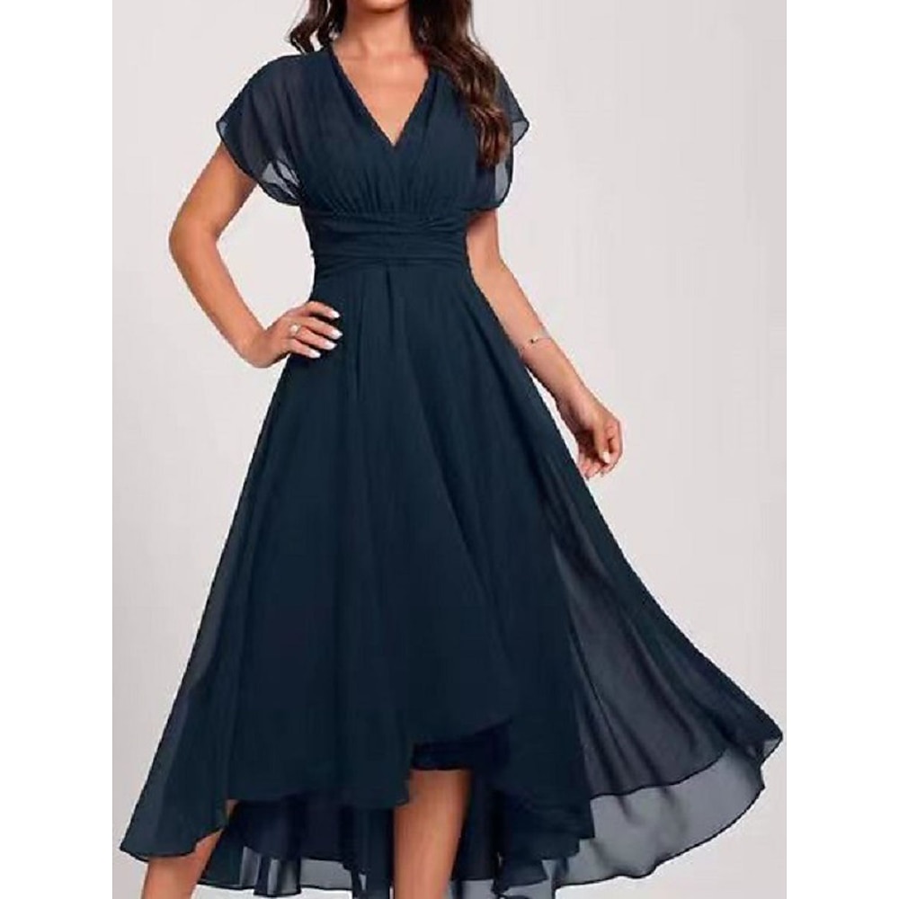 Damen Chiffon-Kleid Maxidress Chiffon Rüsche kleid hochzeitsgast Cocktailparty Elegant Ausgefallene V Ausschnitt Kurzarm Marineblau Farbe Lightinthebox