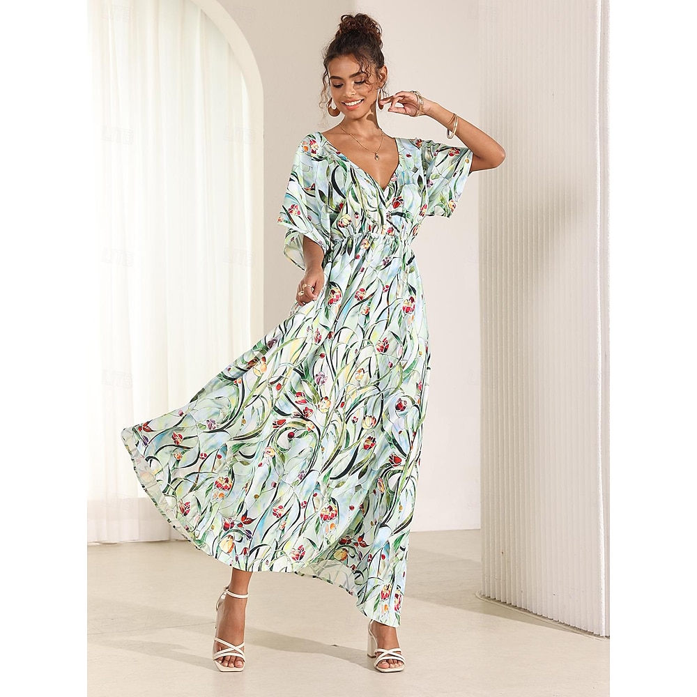 Damen Midikleid Schwingkleid A Linie Kleid Sommerkleid Elegant Bohemien Tropisch Flattrige Ärmel Urlaub Täglich Date Lässiger Schnitt Blumen Kurzarm V Ausschnitt Blau Grün Sommer Lightinthebox