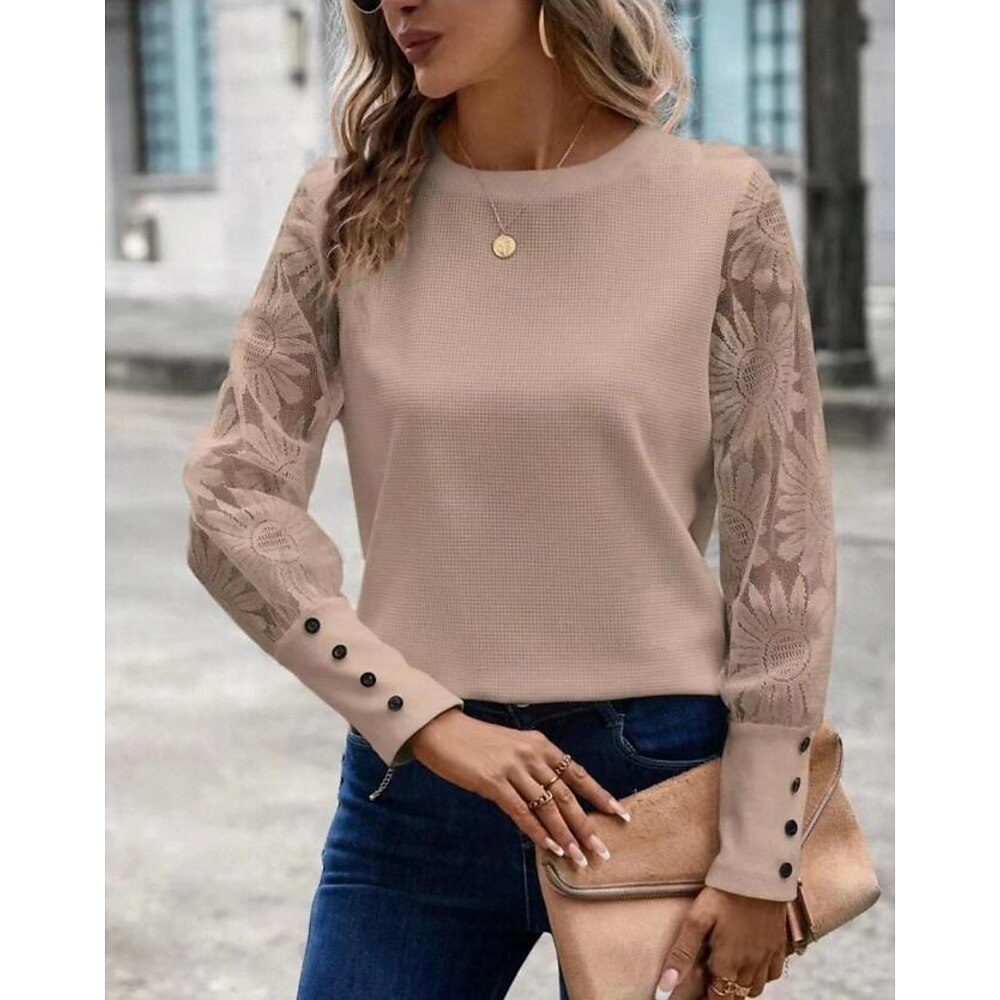 Damen Bluse Elegante Oberteile Spitze Taste Täglich Elegant Langarm Rundhalsausschnitt Rosa Sommer Lightinthebox