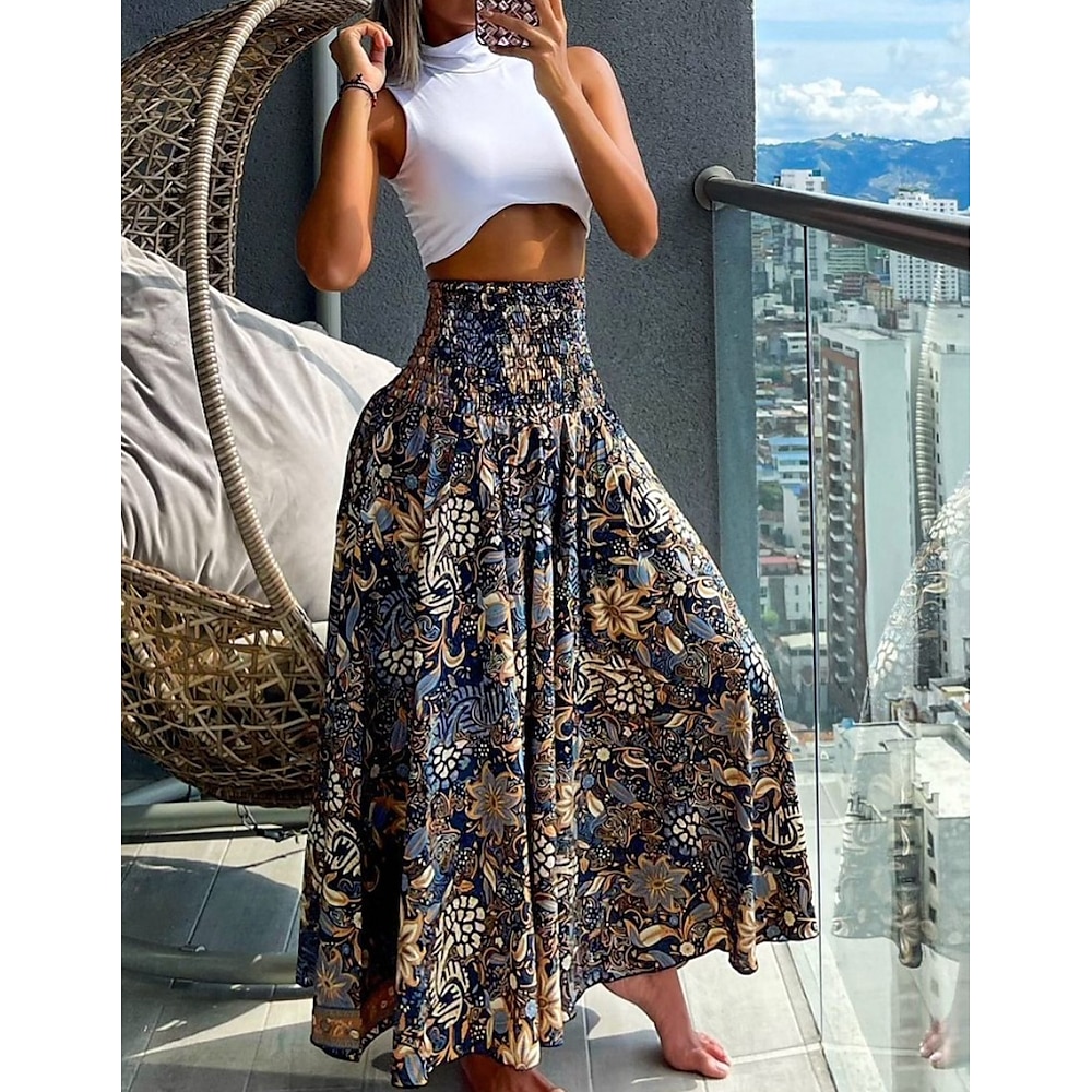 Damen Hose mit weitem Bein A-Linie Bedruckt Blumen Boho Schwarz Sommer Lightinthebox