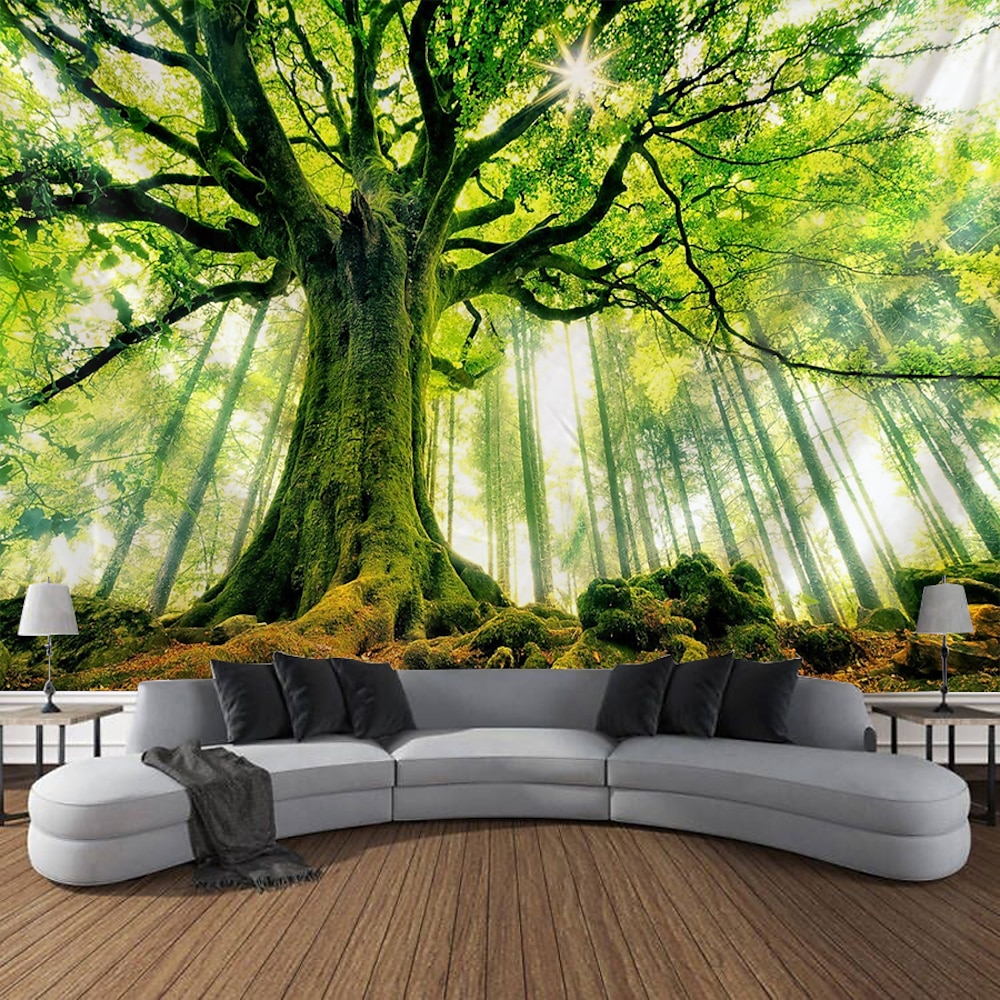 Naturwald dicker Baum großer Wandteppich großer 3D-Druck Wandkunst zum Aufhängen für Schlafzimmer Wohnzimmer Wohnkultur, grüne und weiße Waldlandschaft Wandtuch XXL Natur Lightinthebox