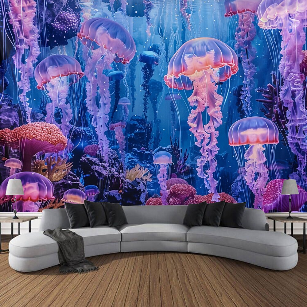 Schwarzlicht Wandteppich UV reaktiv im Dunkeln leuchtend Party Neon Quallen Fantasie Unterwasser Natur psychedelisch trippig neblig hängender Wandteppich Wandbild für Wohnzimmer Schlafzimmer Lightinthebox