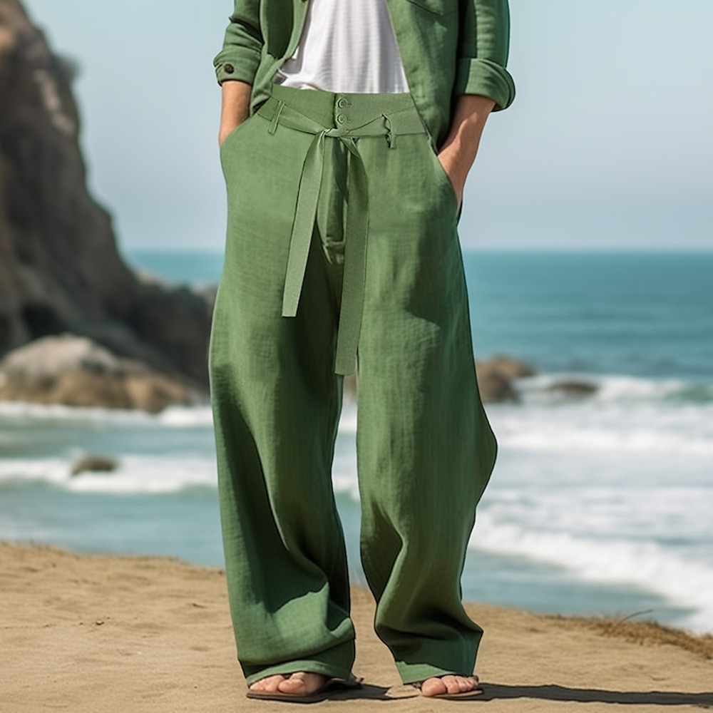 Herren Leinenhose Hose Hosen Sommerhosen Kordelzug Elastische Taille Gerade geschnitten Glatt Komfort Atmungsaktiv In voller Länge Outdoor Täglich Strand Modisch Strassenmode Schwarz Weiß Lightinthebox