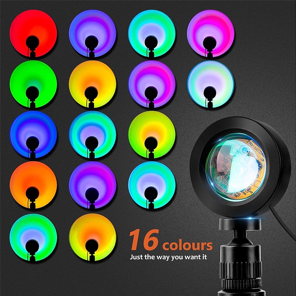 5-V-Kunst-Umgebungsprojektionslicht, USB-Mini-Sonnenuntergangsprojektionslampe mit Stativ-Hintergrunddekoration, Fotoraum-Dekorationslichter, Regenbogen-Siebenfarben-RGB-Mini-Tischlampe Lightinthebox