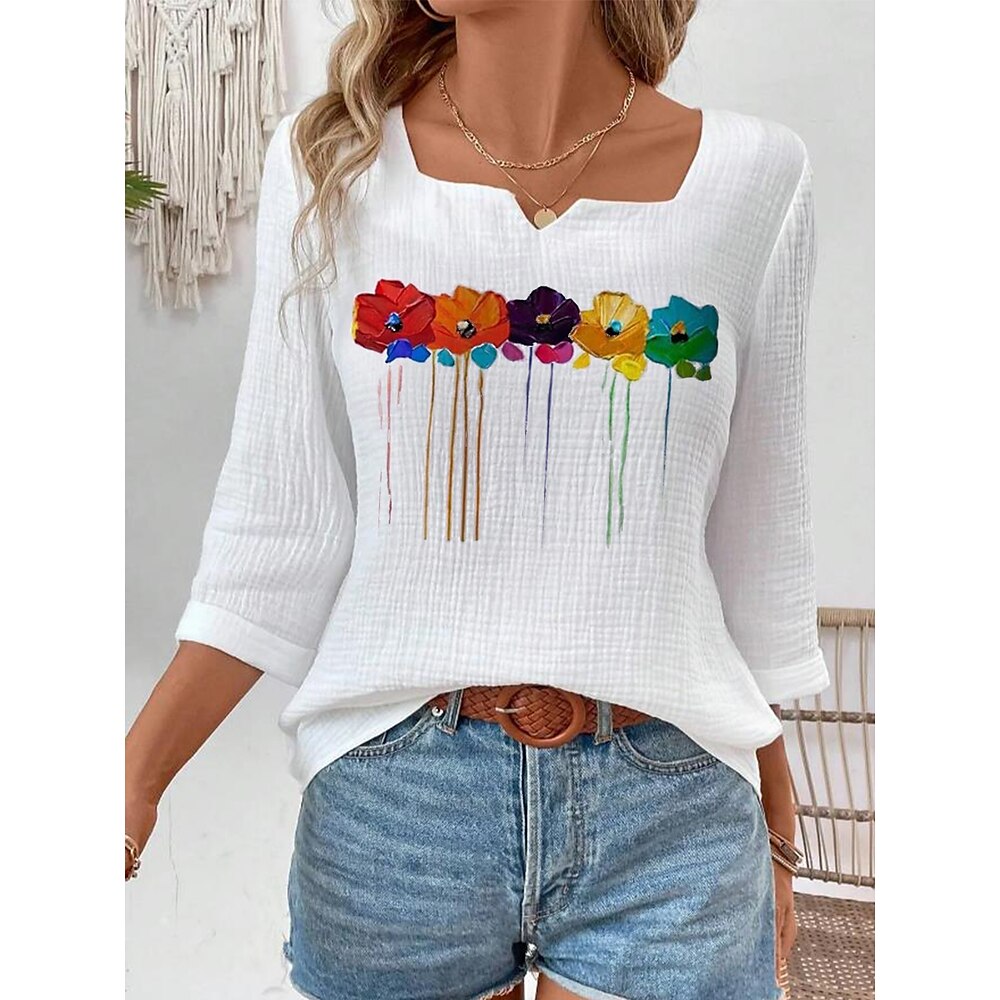 Damen Bluse Baumwollmischung Blumen Bedruckt Täglich Ausgehen Elegant 3/4 Ärmel Gekerbter Hals Weiß Sommer Lightinthebox