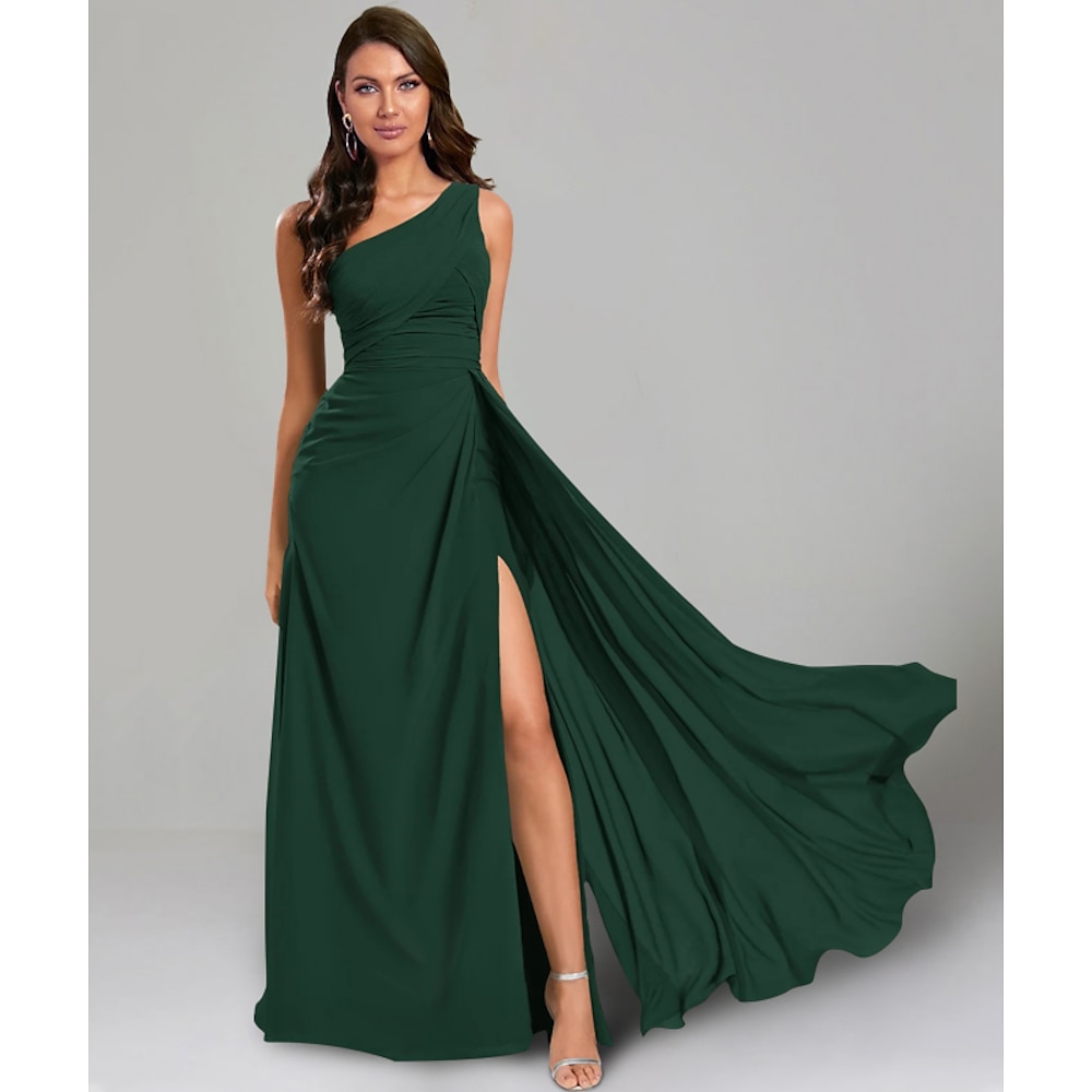 TS A-Linie Hochzeitsgastkleider elegantes Kleid Black Tie bodenlang Kurzarm One-Shoulder-Brautjungfernkleid Chiffon mit Rüschen 2025 Lightinthebox