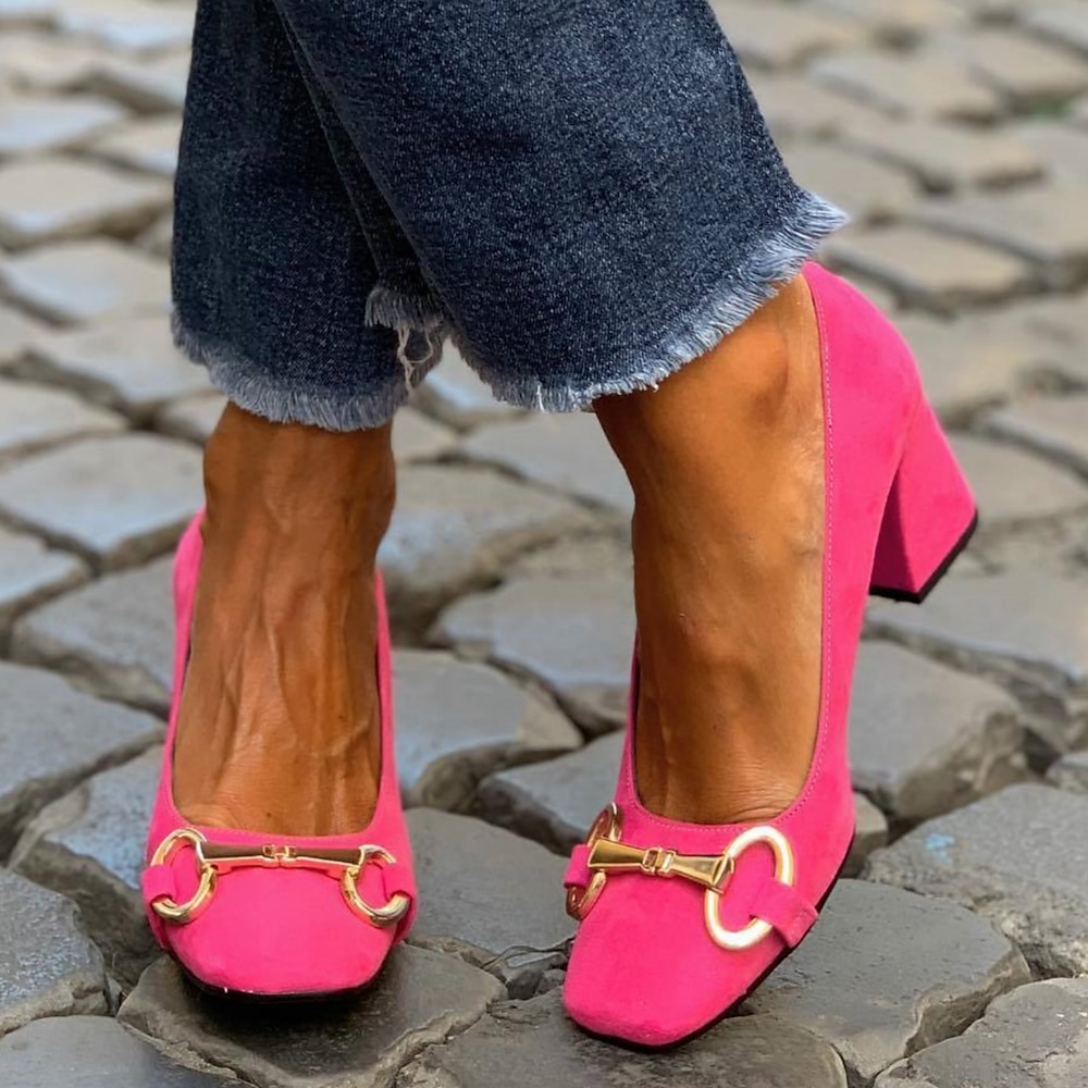 Pinkfarbene Pumps mit Blockabsatz und goldener Metallschnalle für Damen - stylische und bequeme Pumps mit quadratischer Spitze fürs Büro oder die Freizeit Lightinthebox