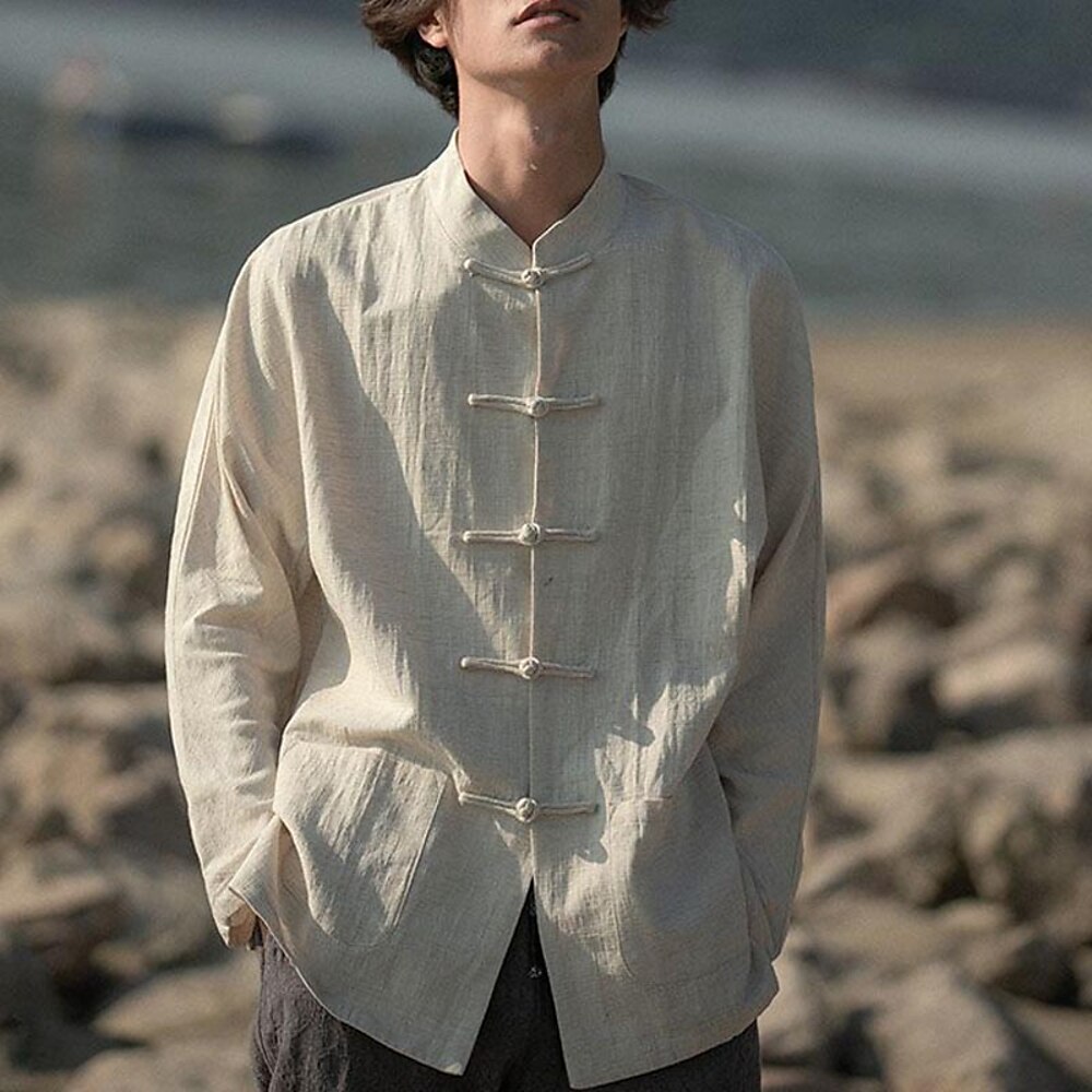 Herren Hemd leinenhemd Hemd mit chinesischem Kragen Hemd mit Stehkragen Lässiges Hemd Knopfhemd Glatt Urlaub Hawaiianisch Schwarz Weiß Marineblau Beige Langarm Stehkragen Frühling Herbst Bekleidung Lightinthebox