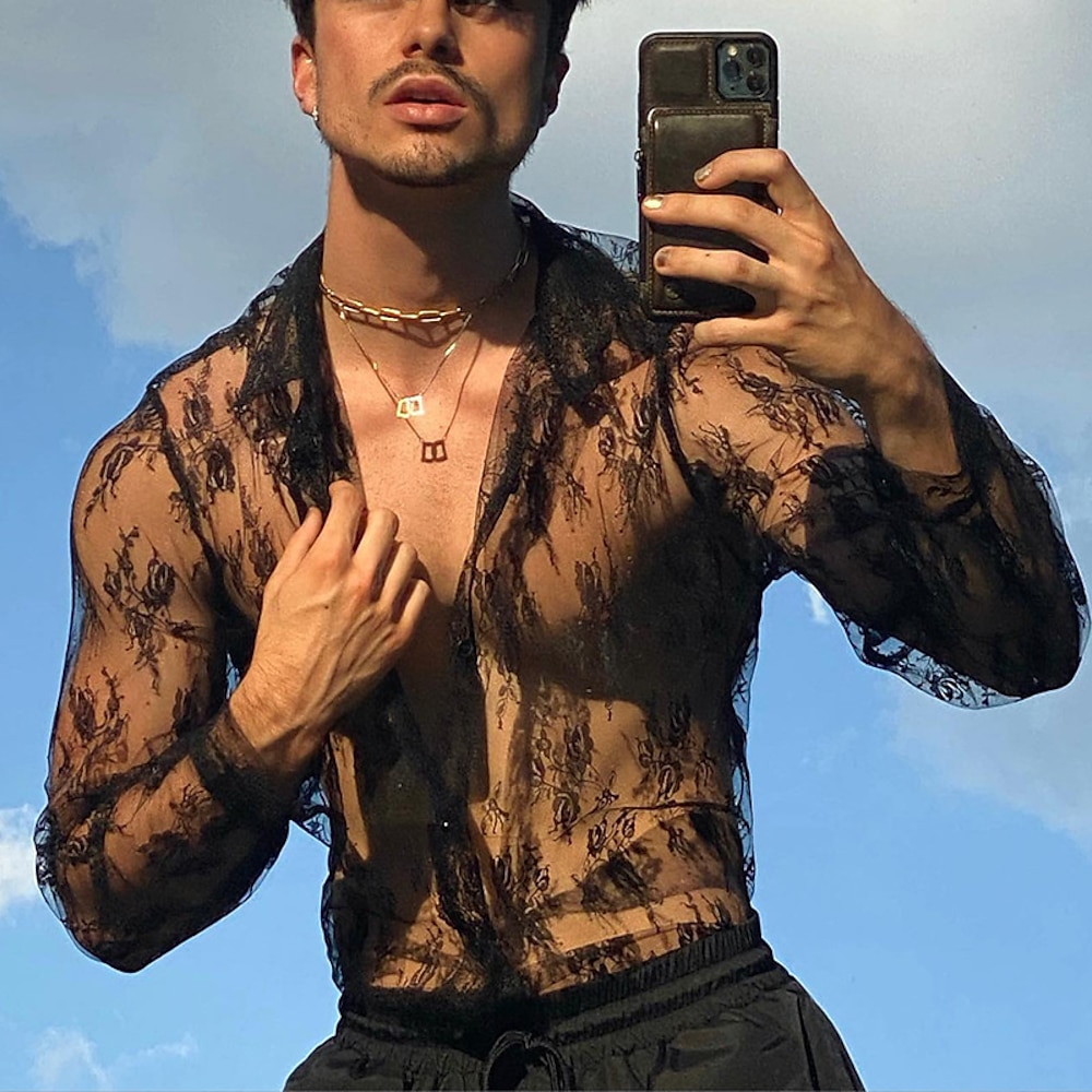 Herren Hemd Sommerhemd Mesh-Shirt Transparentes Hemd Transparente Bluse Schwarz Langarm Glatt Kargen Hawaiianisch Festtage Gitter Bekleidung Modisch Brautkleider schlicht Komfortabel Lightinthebox