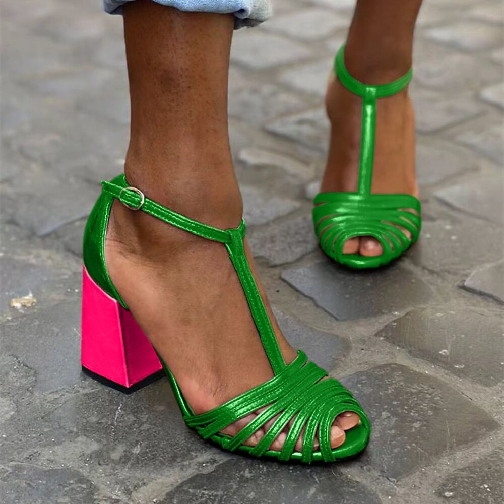 Grüne und rosafarbene Sandalen mit Blockabsatz für Damen - auffällige zweifarbige Pumps mit T-Riemen und offener Spitze für Partys und besondere Anlässe Lightinthebox