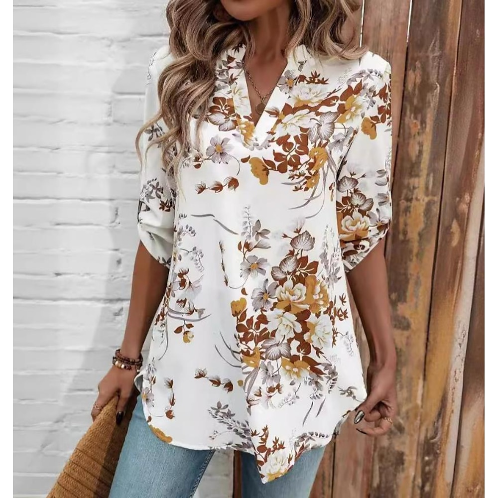 Damen Bluse Elegante Oberteile Stilvoll Blumen Halbe Ärmel V Ausschnitt Bedruckt Täglich Weiß Sommer Lightinthebox