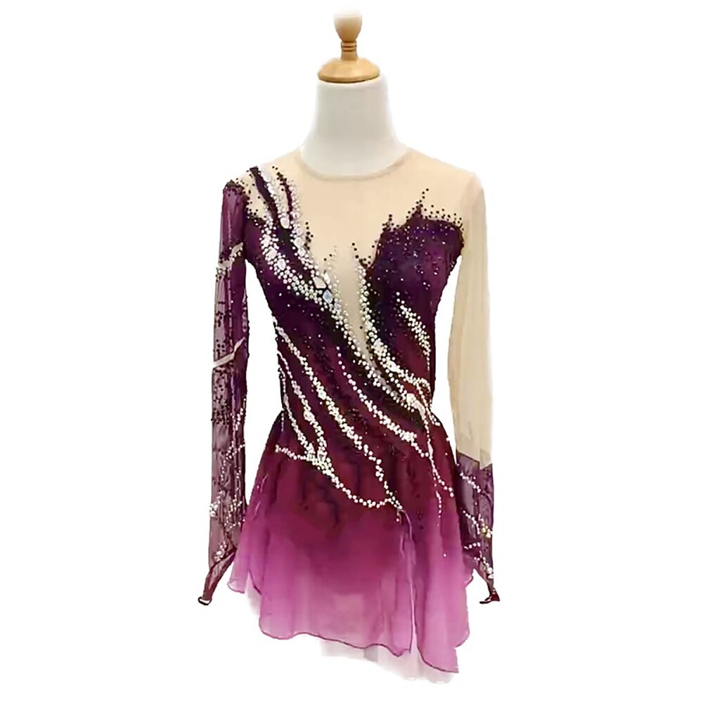 Eiskunstlaufkleid Damen Mädchen Eislaufen Kleider Burgund Dunkelgrün Patchwork Daumenloch Gitter Hochelastisch Ausbildung Wettbewerb Eiskunstlaufkleidung Klassisch Langarm Eislaufen Eiskundstlauf Lightinthebox