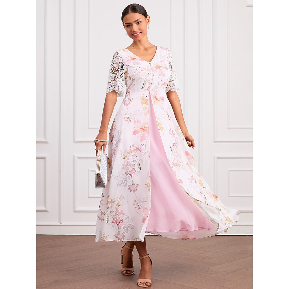 Damen Maxidress A Linie Kleid Elegant Stilvoll Urlaub Täglich Regular Fit Blumen Kurzarm V Ausschnitt Rosa Sommer Lightinthebox