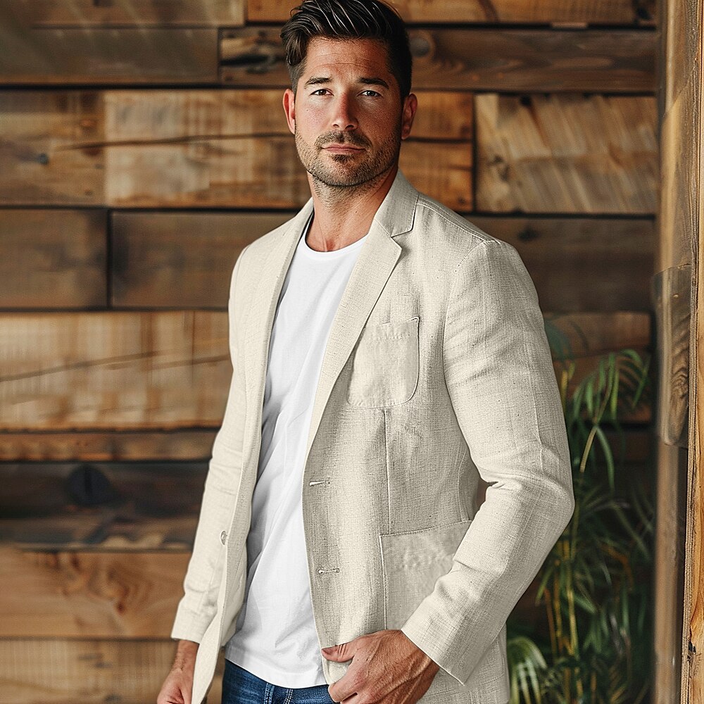 Herrenblazer aus 100 % Leinen, Leinenjacken für formelle Abendveranstaltungen, Hochzeiten, Partys, blauer Sommerblazer, modisch, lässig, Frühling Sommer, Tasche, lässig/täglich, einreihiger Blazer, beige, hellblau Lightinthebox