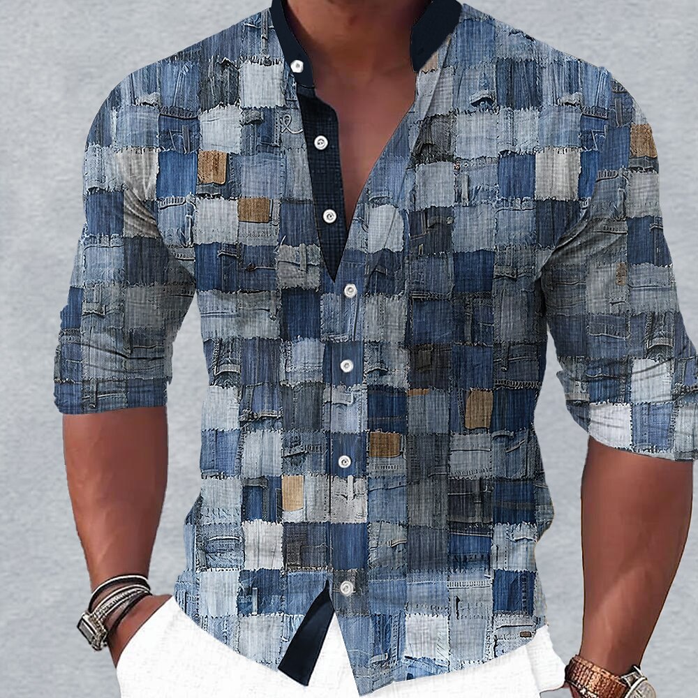 Herren Plaid Hemd Langarm Brautkleider schlicht Täglich Festtage Sommer Frühling Herbst Stehkragen Knopf Bedruckt Rosa Blau Zwetsche Purpur Lightinthebox