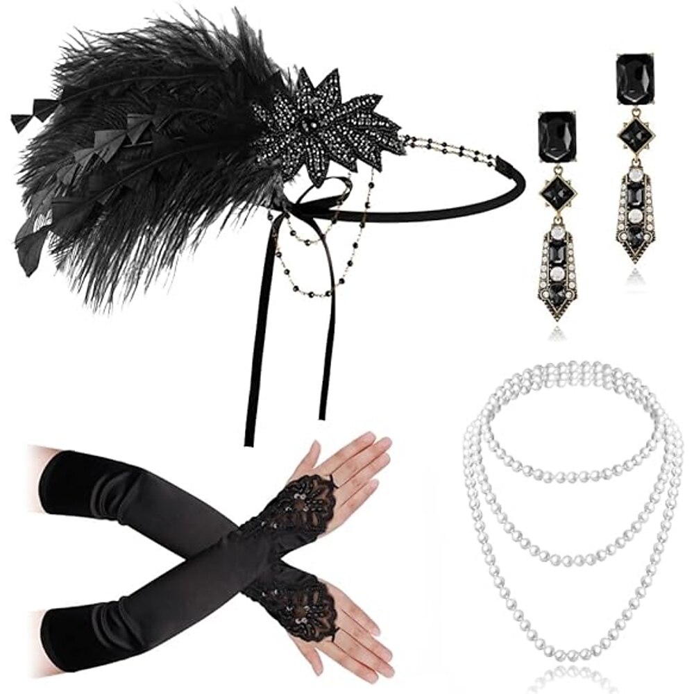 Vintage 1920s Der große Gatsby Flapper Stirnband Zubehörset Halskette Ohrring Charleston Hochzeitsgast Damen Feder Modisch Maskerade Hochzeitsempfang Festival Erwachsene Handschuhe Ohrringe Halsketten Lightinthebox