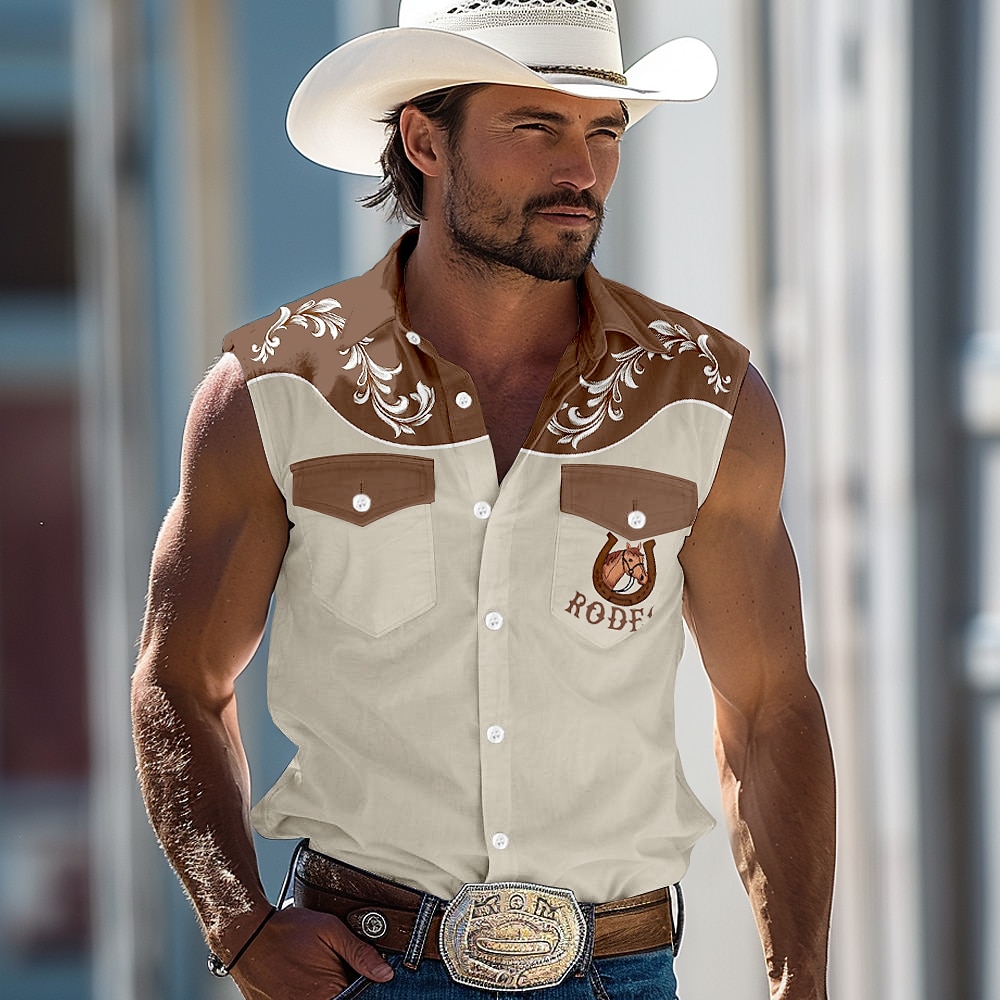 Herren Pferd Südwestlicher Druck Hemd Westernhemd Cowboy-Shirt Ärmellos westlicher Stil Outdoor Arbeit Normal Sommer Frühling Hemdkragen Blau Grün Khaki Lightinthebox