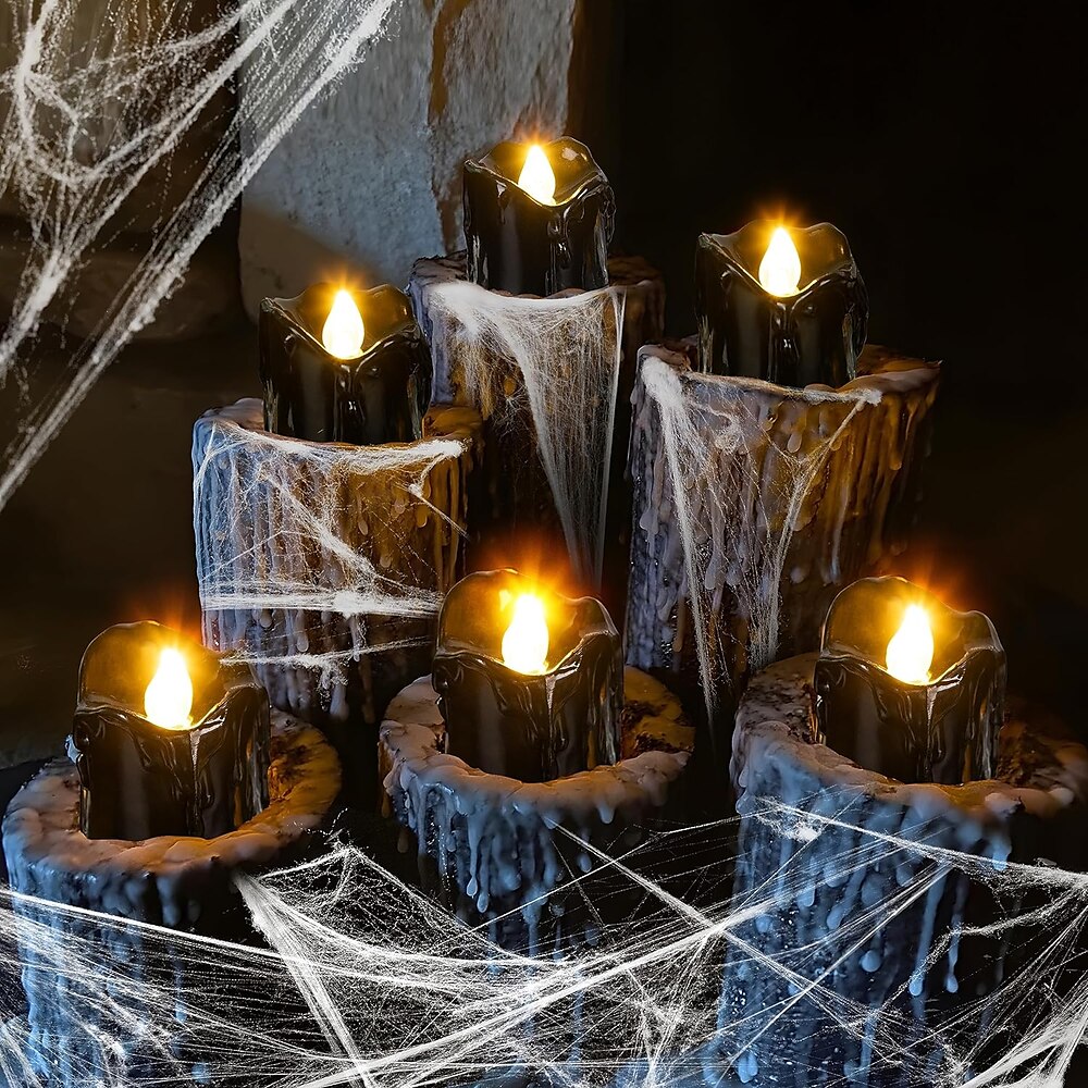 12 schwarze LED-Teelichter, Halloween-Nachtlichter, Kerzenlichter, Halloween-Dekor für drinnen und draußen, elektrische Halloween-Kerzen, batteriebetriebene Halloween-Laternen, Lightinthebox