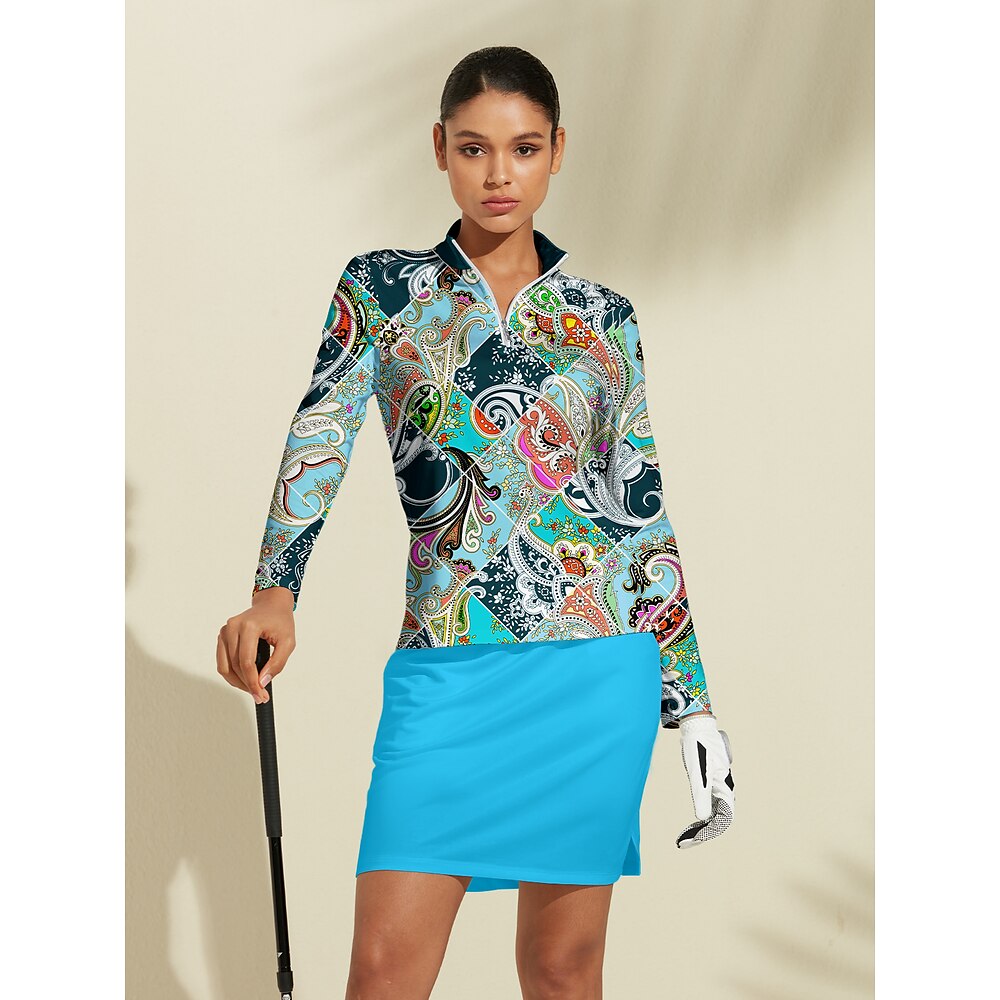 Damen poloshirt Blau Grün Langarm Shirt Paisley-Muster Damen-Golfkleidung, Kleidung, Outfits, Kleidung Lightinthebox