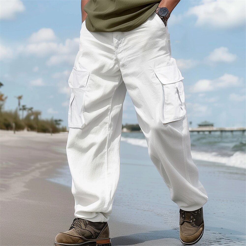 Herren Cargohose Leinenhose Sommerhosen Strandhose Multi Pocket Gerade geschnitten Glatt Komfort Atmungsaktiv In voller Länge Outdoor Täglich Ausgehen Modisch Strassenmode Schwarz Weiß Lightinthebox