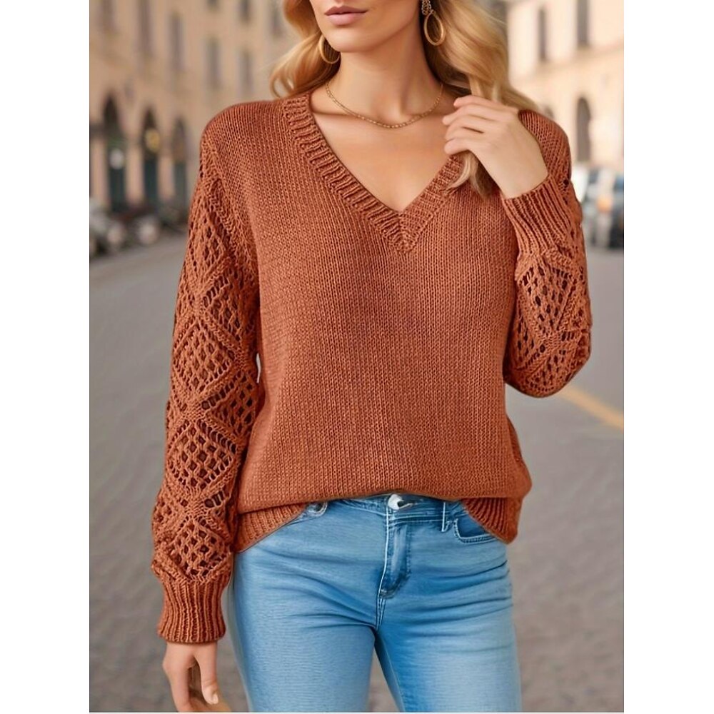 Damen Pullover V Ausschnitt Gehäkelt Stricken Polyester Strick Frühling Herbst Winter Standard Täglich Elegant Langarm Feste Farbe Blau Fuchsie Orange S M L Lightinthebox