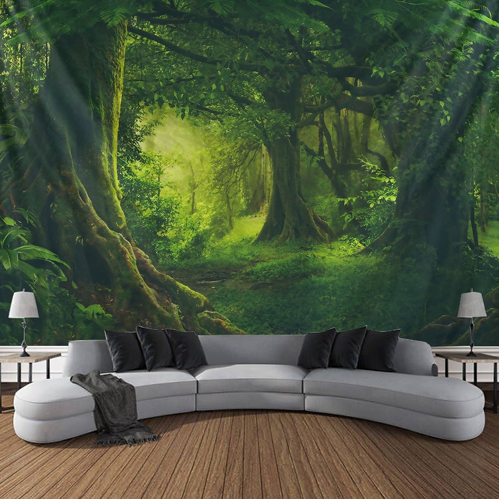 Wandteppich zum Aufhängen, zauberhafter Wald, Natur, grüner Baum, Regenwald, Landschaft, Wandkunst, großer Wanddeko, Fotografie, Hintergrund, Decke, Vorhang, Zuhause, Schlafzimmer, Wandtuch XXL Natur Lightinthebox